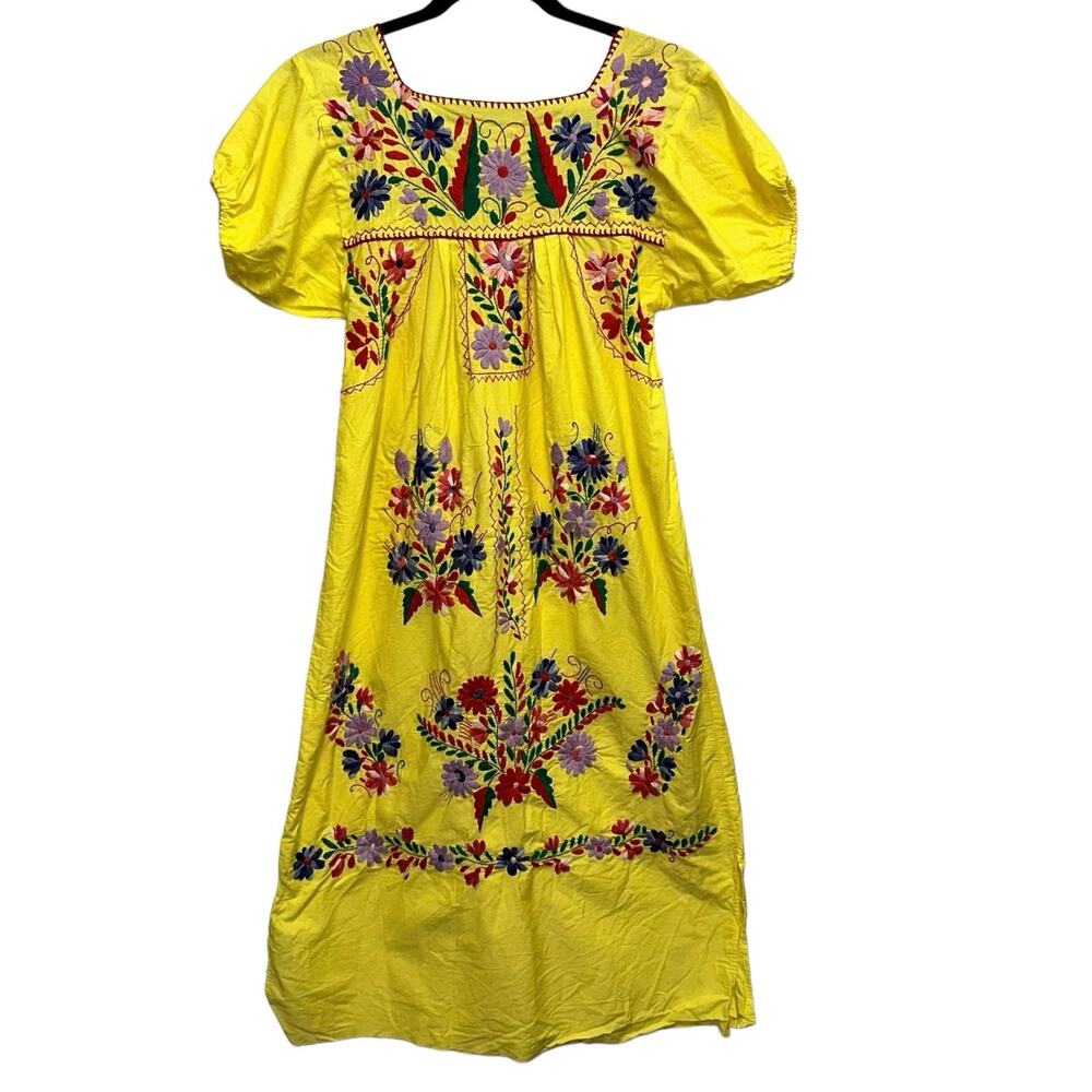 Vintage Embroidered Mexican Folk Dress Yellow Floral Puff Sleeve Midi Small